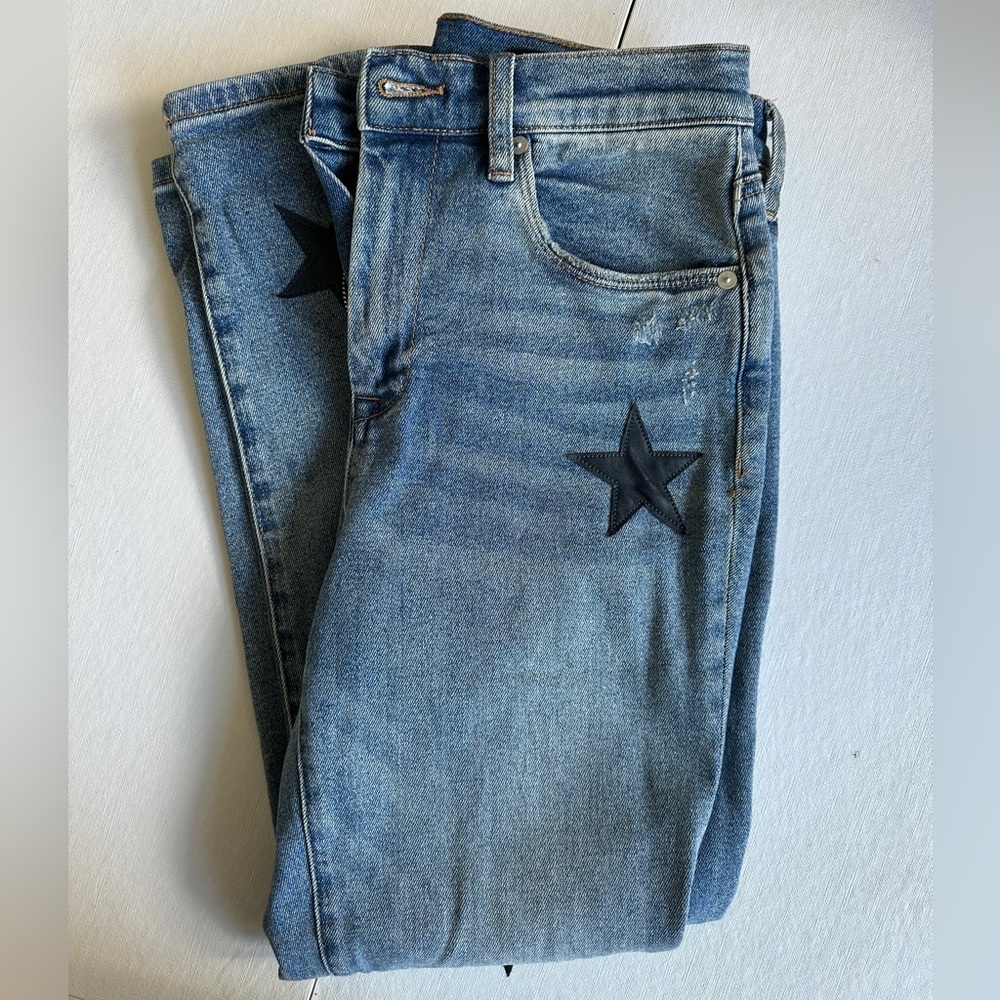 BlankNYC High-Rise “Madison Crop” Denim w/ Leather Navy Blue Star Detail Size 27